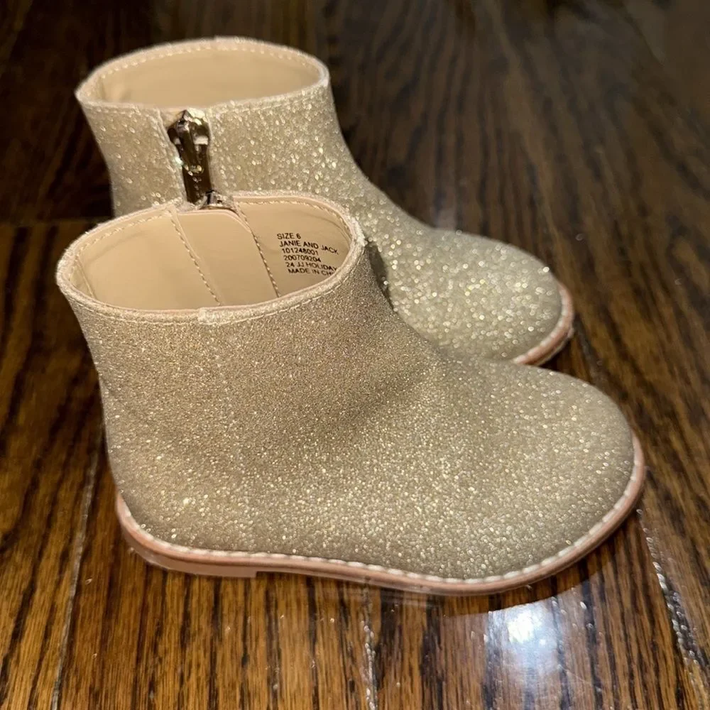 Janie & Jack Gold Glitter Ankle Boots with Side Zipper 6